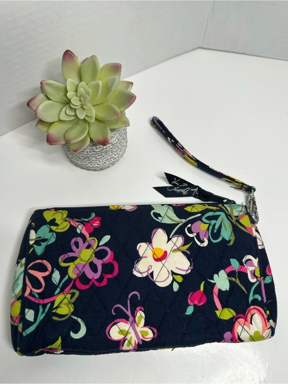 Vera Bradley Navy Quilted Floral Wristlet with Pink & Yellow Accents